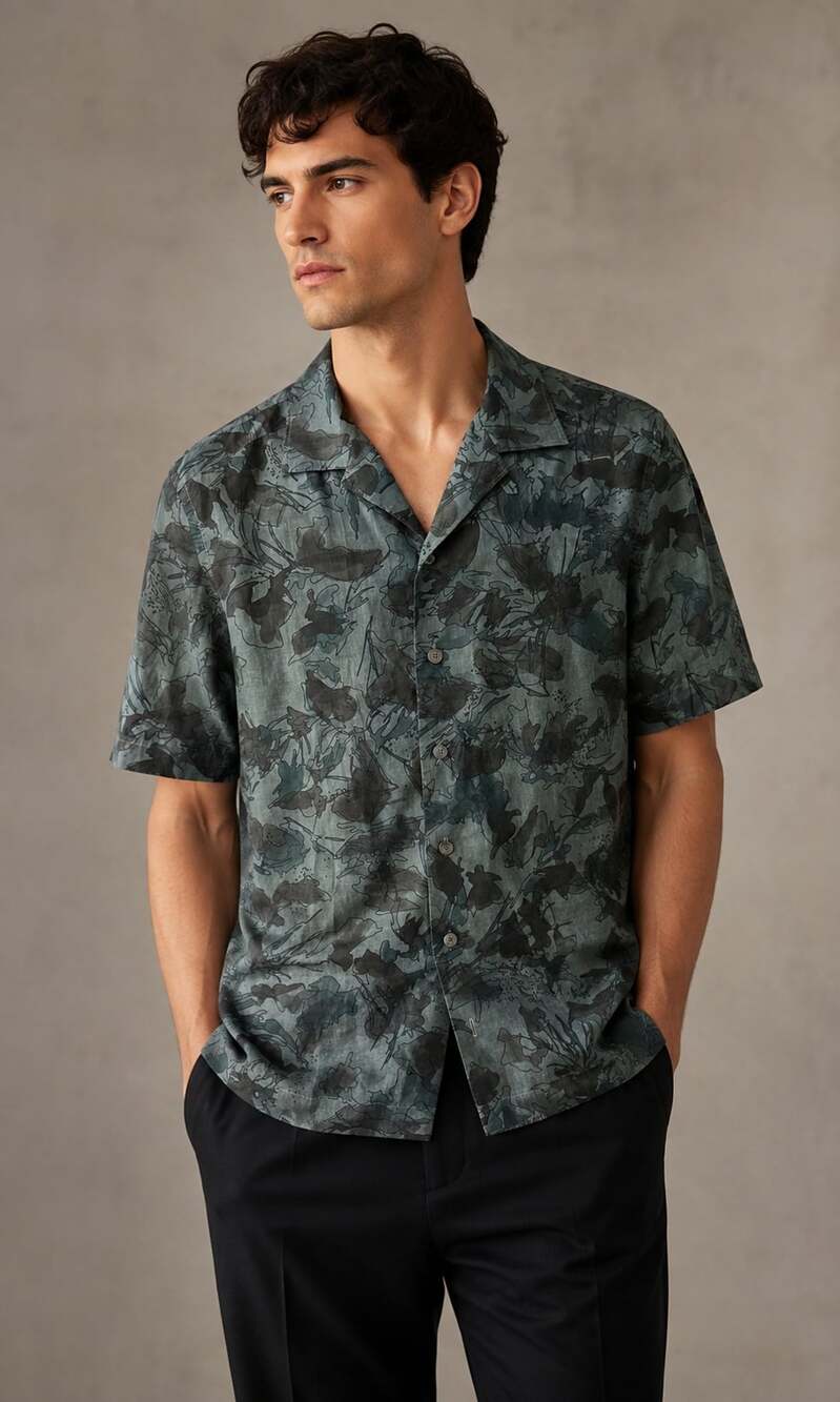 Ermenegildo Zegna Green Abstract Floral Print Short Sleeve Resort Shirt
